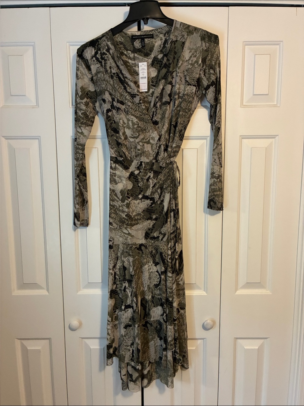 White House Black Market Long Sleeve Wrap Dress in Gray and Cream Snake-Print